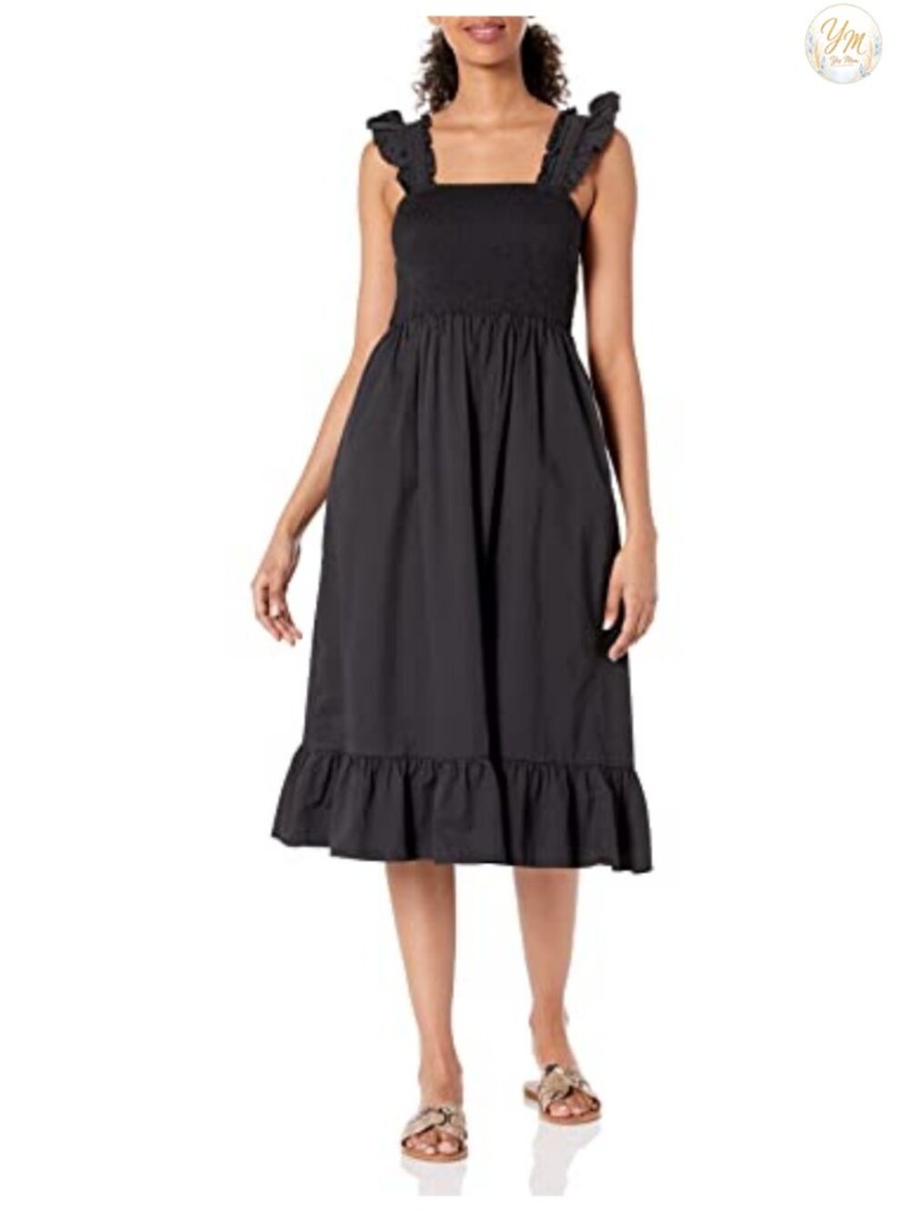 Ruffled Shoulder Smocked Midi Dress Cotton Sleeveless Square Neck A-Line